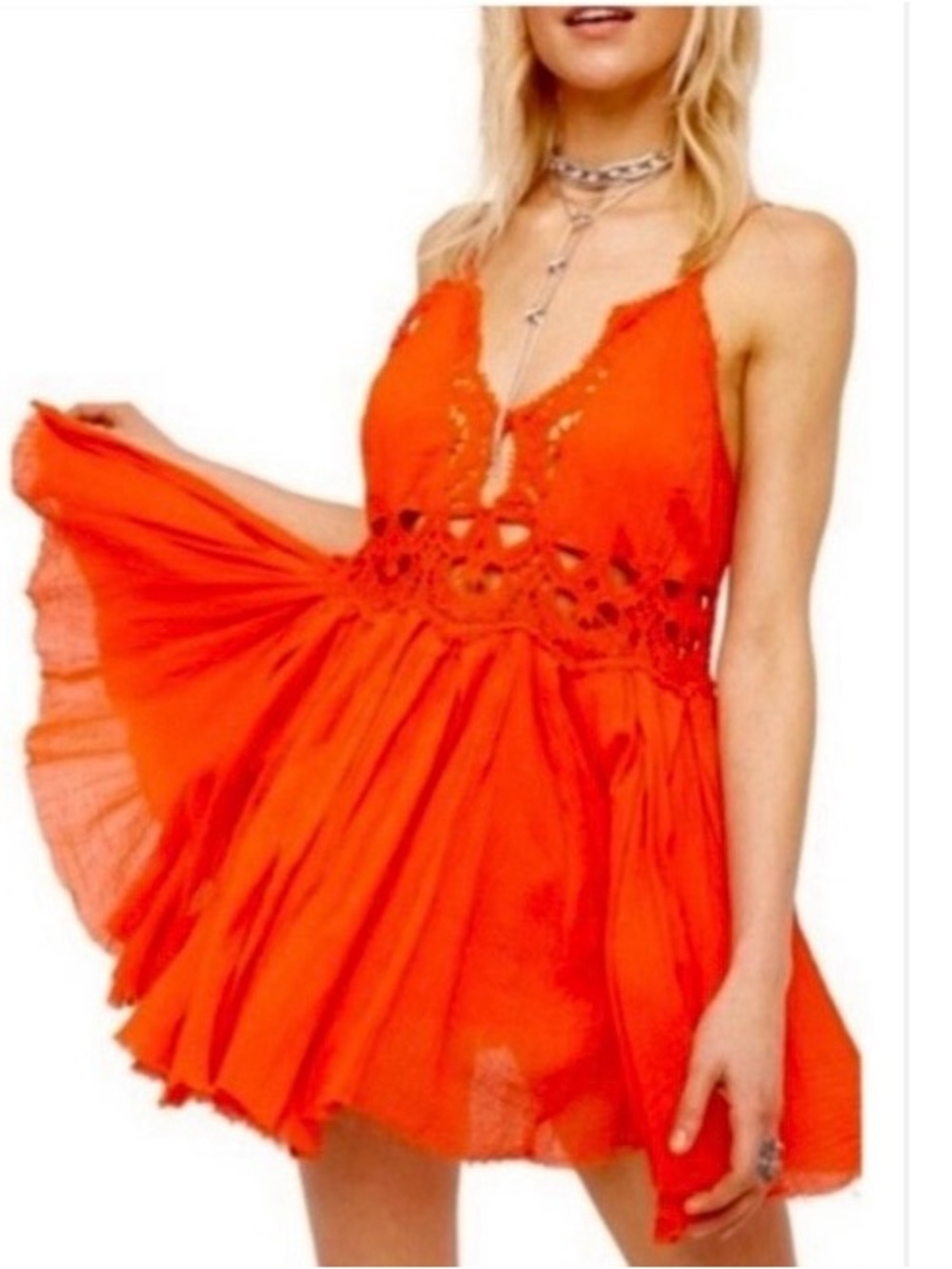 FREE PEOPLE Red-Orange Ilektra Mini Dress  Cotton